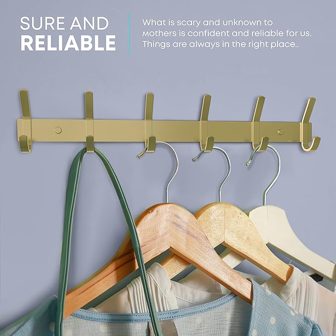 Brushed Gold Wall Mounted Coat Rack – 17 Inch Stainless Steel Rail with 6 Double Coat Hooks for Entryway, Bathroom, Bedroom, Kitchen – Modern Gold Hook Rack for Coats, Hats, Towels-NeatNest
