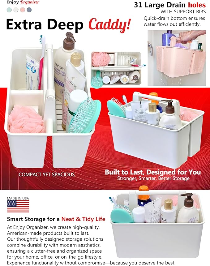 Shower Caddy Organizer with Handle, 3 Compartments, Portable Storage Bin for Bathroom, Dorm, Gym -Made In USA (Ivory)