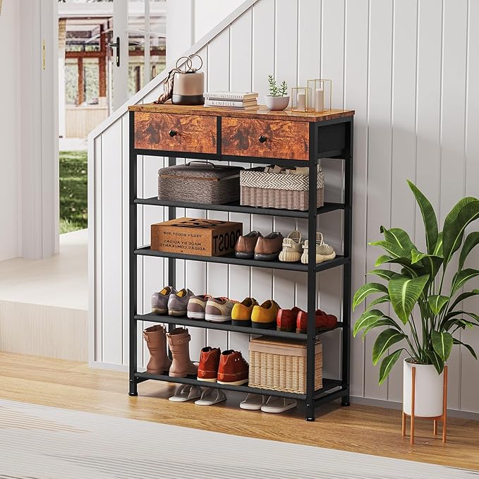 usikey Shoe Rack, 5 Tier Shoe Storage Organizer with 2 Drawers, Metal Shoe Shelf for 12-16 Pairs of Shoes, with 4 Fabric Shelves and Wooden Top, Shoe Stand for Closet Entryway, Rustic Brown-NeatNest