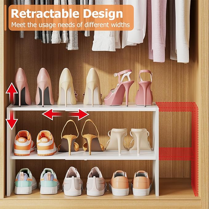 X-cosrack 2-Tier Shoe Rack Organizer for Closet, Expandable and Adjustable White Shoe Rack, Stackable Iron Wood Combination Shoe Storage Shelves for Closets, Entryway, Small Space, Hallway, Garage-NeatNest