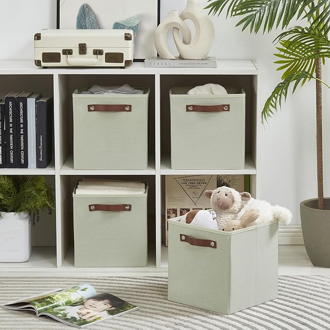 Collapsible Fabric Storage Cube Bins with 2 Reinforced PU Handles, Foldable Storage Organizer Baskets for Closet, Shelves, Living Room | 11"x11"x11", 4 Pack, Sage Green-NeatNest