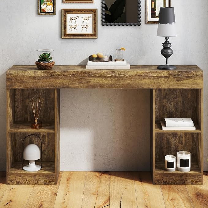 55 Inches Console Table,4 Cubes Narrow Entryway Table,3 Tier Wood Behind Couch Sofa Table,TV Console with Storage for Living Room,Hallway,Entrance,Foyer (Bright Brown)-NeatNest