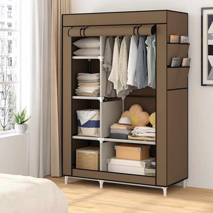 Calmootey Portable Closet Organizers, Clothing Storage, Wardrobe with 6 Shelves and Hanging Rod, Non-Woven Fabric Cover with 4 Side Pockets, Brown-NeatNest