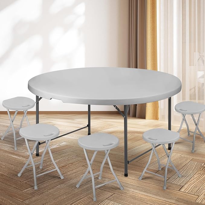 Athena Collection 5.5 ft Plastic Folding Dining Table, Large Foldable Round Card Table Portable with Carry Handle Heavy Duty Fold-in-Half for Indoor Outdoor Party Camping, Grey-NeatNest