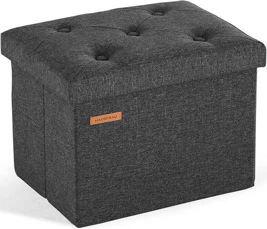 HAUSFRAU Storage Ottoman Foot Rest Stool, Small Folding Ottoman with Storage, Tufted Square Cube Footrest, Linen Black