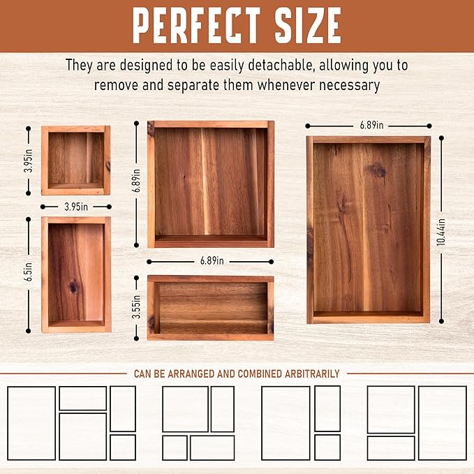 Demigo Acacia Drawer Organizer Set of 5, Cabinet Container Box, Wood Bin Set in Varied Sizes, Dividers Holder for Storage Cooking Utensils Spices Tea Bags Foods Office Items (Brown)-NeatNest