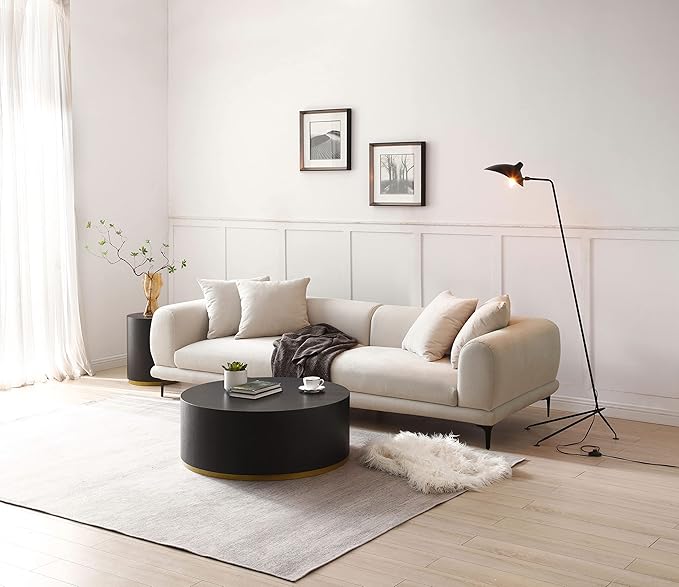kevinplus Black Side Table End Table for Living Room, Bottom Gold Rim Design, Black & Gold (ø15.6'' x 19.5'')