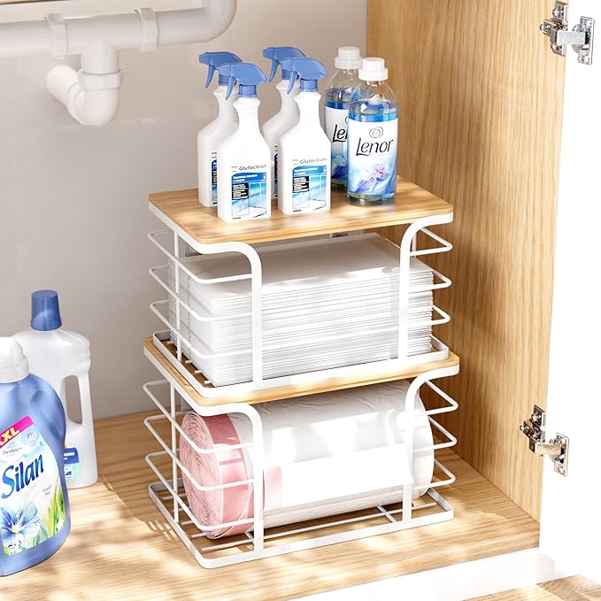 2 Pack Extra Large Stackable Pantry Organizer,Wall Mount Garbage Bag Holder Dispenser with Bamboo Top for Kitchen Laundry Room Organization,White-NeatNest