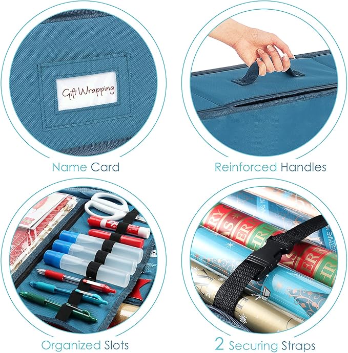 Hearth & Harbor Wrapping Paper Storage Container - Christmas Storage Bag with Ribbon Dispenser and Interior Pockets - Gift Wrap Organizer Fits Up to 26 Rolls of 40" Length, Blue-NeatNest