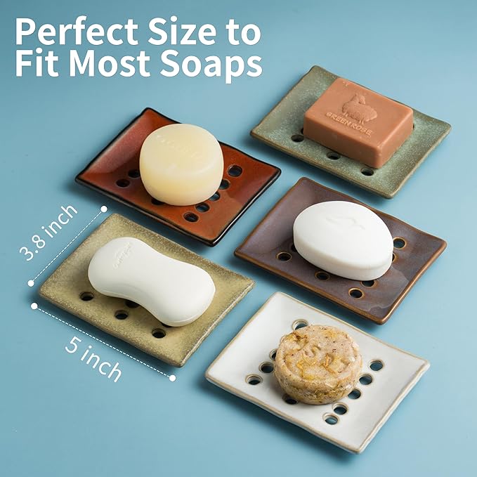 Ceramic Soap Dish with Self Drain for Shower, Bar Soap Holder to Lift and Keep Dry, Concave Design to Prevent Slipping, Suitable for Kitchen and Bathroom, Green-NeatNest