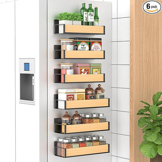 6 Pack Magnetic Spice Storage Rack Organizer for Refrigerator and Oven, Wood Fridge Organizers and Storage