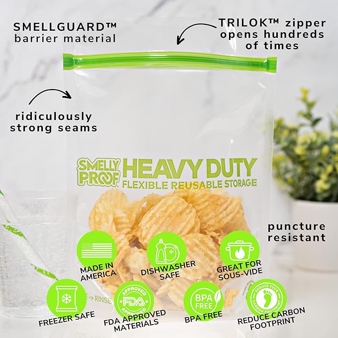HEAVY DUTY Reusable STAND-UP Ziplock Bags for Food Storage by Smelly Proof, USA Made, NO PEVA & BPA FREE, Reusable Freezer Bags, Dishwasher-Safe, Triple Zip, CLEAR 5-mils LRG Quart 8.5" x 10" - 5pk