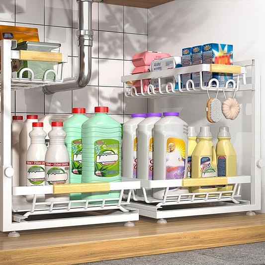 2 Packs Under Sink Organizer, High Adjustable 2 Tier Under Kitchen sink organizer, Multi-Purpose Storage Shelf for Kitchen Bathroom Cabinet, Black (White)-NeatNest