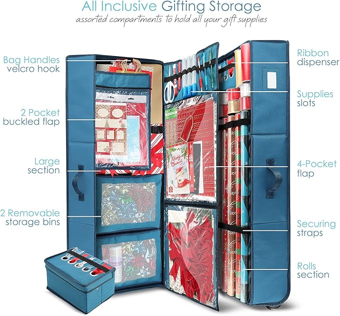 Hearth & Harbor Wrapping Paper Storage Container with Ribbon Dispenser and Interior Pockets - Large Christmas Storage Containers with Wheels, Fits 30 Rolls of 40" Length, Blue-NeatNest