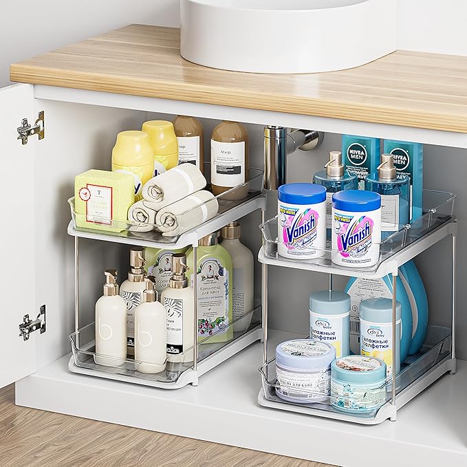 Delamu 2 Sets of 2-Tier Multi-Purpose Bathroom Under Sink Organizers and Storage, Stackable Kitchen Pantry Organization, Pull Out Medicine Cabinet Organizer with 8 Movable Dividers-NeatNest