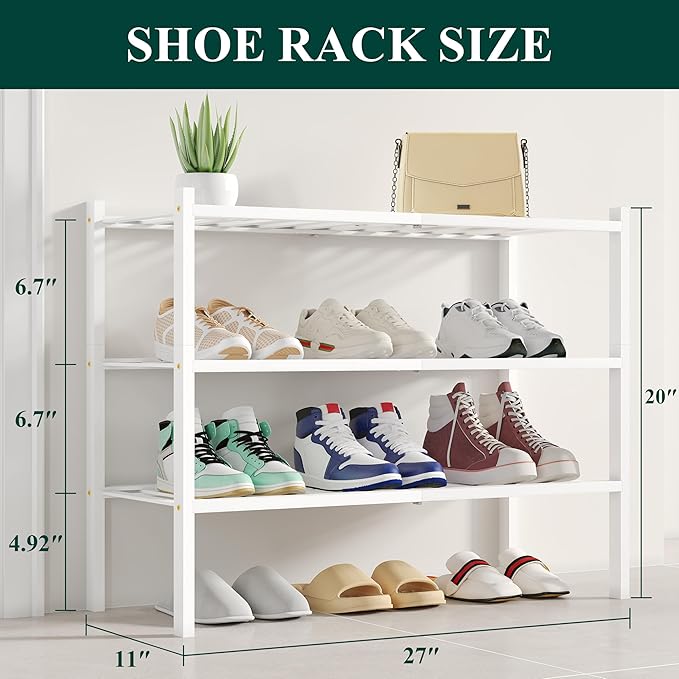 Smiry Shoe Rack, 3 Tier Small Bamboo Shoe Organizer, Stackable Free Standing Wooden Shoe Storage Shelf for Closet, Entryway, Front Door Entrance, White-NeatNest