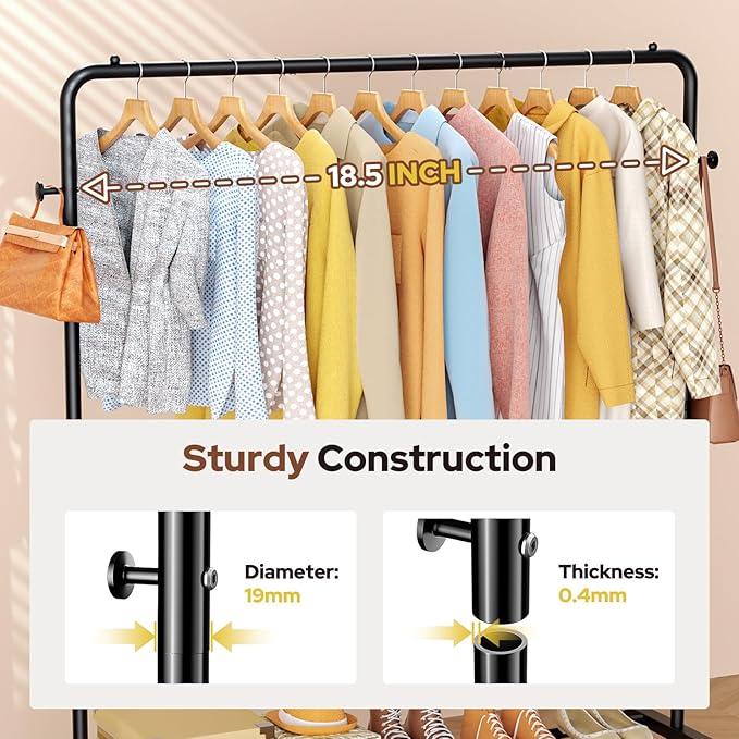Clothes Rack With Storage Shelves: Metal Clothing Rack for Hanging Clothes, Garment Rack for Bedroom, Laundry, Living Room, Black-NeatNest