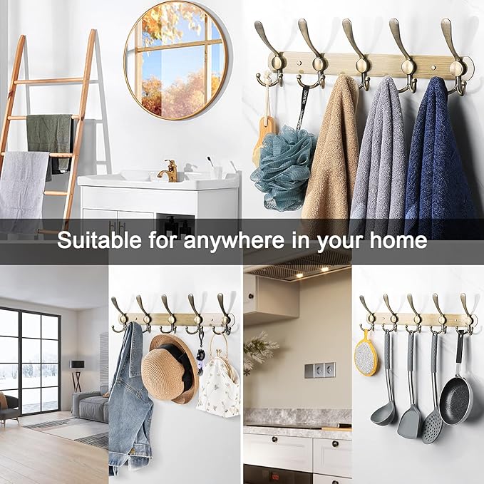 NearMoon Coat Rack Wall Mounted-2 Pack, Heavy Duty Bath Towel Hooks Stainless Steel Robe Hooks Holder, Metal Coat Hook for Towel Coat Hat Key Bathroom Bedroom Hotel Entryway (5 Hooks, Bronze)