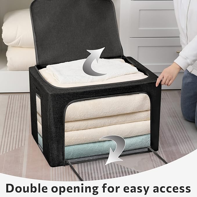 2 Pack Clothes Storage Bins Stackable Metal Frame Storage Box Foldable Linen Fabric Box Organizer with Carrying Handles and Clear Window (Black, 15.7x 11.8x 11.7 Inch)-NeatNest
