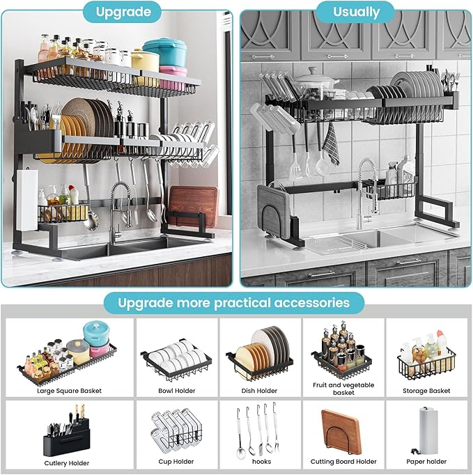 ADBIU Over The Sink Dish Drying Rack (Expandable Height and Length) Snap-On Design 2 Tier Large Dish Rack 31-39.4L x 12W x 34-38H inches