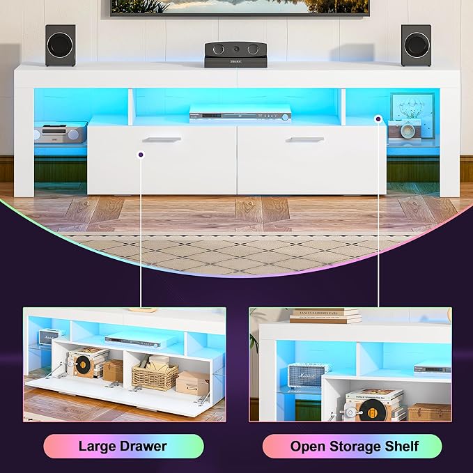 Clikuutory Modern Lighting 63 inch TV Stand with Large Storage Drawer for 50 55 60 65 70 75 Inch TVs, TV Console with 20 Color LED Lights, Entertainment Center Media and Open Shelf for Bedroom, White-NeatNest
