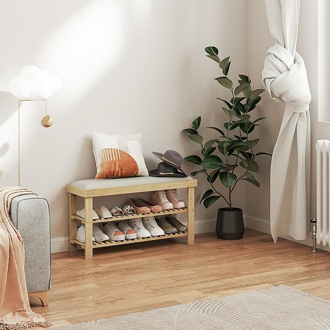 HOMCOM Bamboo Shoe Bench, 3-Tier Entryway Bench with Storage and Cushion, Shoe Organizer for Entryway, Hallway, Holds Up to 331 lbs, 35.4 x 11.4 x 19.3 Inches, Cream White
