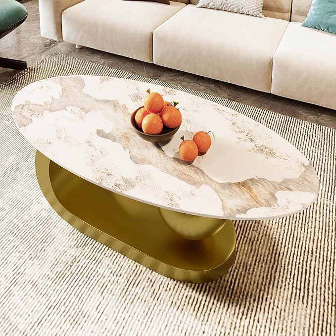 47.2" Modern Oval Coffee Table Marble Pattern Sintered Stone Tabletop Gold Stainless Steel Base End Tables Center Table Sofa Table for Living Room Office Bedroom Balcony, White & Gold
