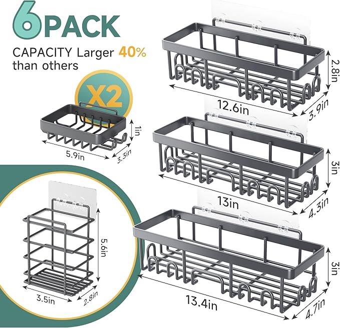Veken Rustproof & Waterproof Shower Caddy 6-Pack, No Drilling Adhesive Shelves Rack with Soap Holder, Large Capacity Bathroom Organizers and Storage, Wall-Mounted Kitchen & Home Decor, Dark Grey-NeatNest