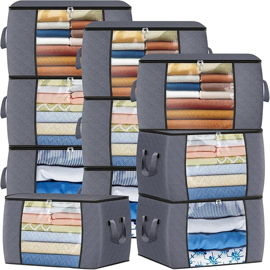Fab totes 90L Clothes Storage, Foldable Thick Fabric Blanket Storage Bags, Containers for Organizing Bedroom, Closet, Clothing, Comforter, Organization with Handle (10 Pack,Grey)-NeatNest