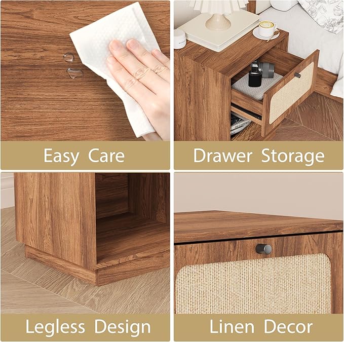 16" Nightstands Set of 2, Mid-Century Vintage Wooden Night Stand with Drawer and Open Shelf, Linen Decor Farmhouse Side Table End Tbale for Bedroom, Dorm, Living Room (Walnut)
