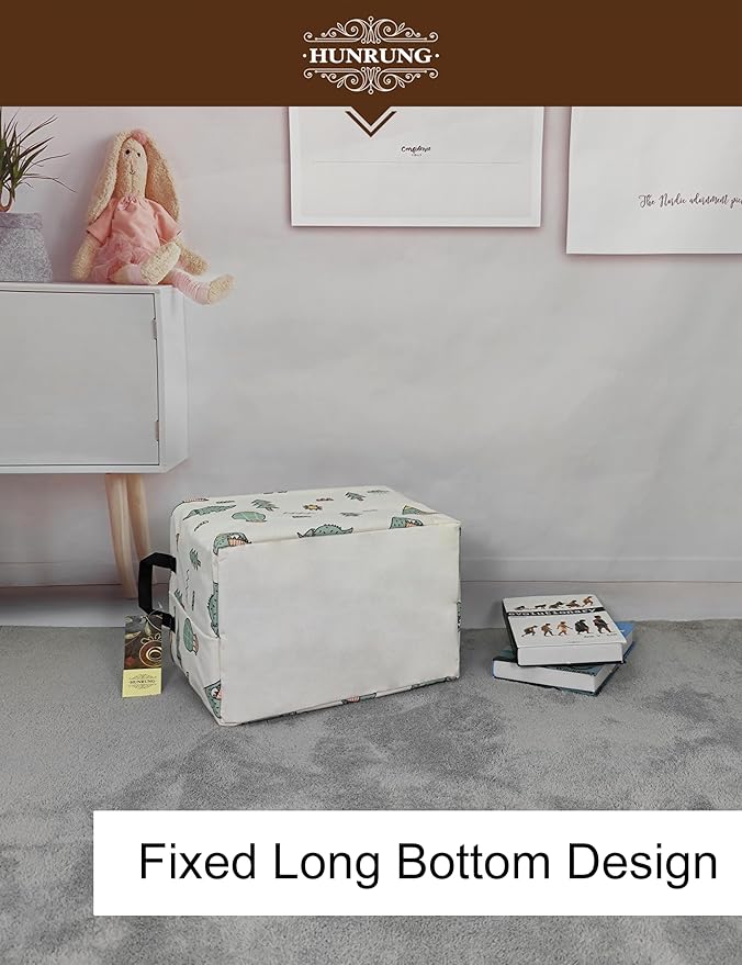 HUNRUNG Rectangle Storage Basket Cute Canvas Organizer Bin for Pet/Children Toys, Books, Clothes Perfect for Rooms/Playroom(REC-Green-Pine Dinosaur)