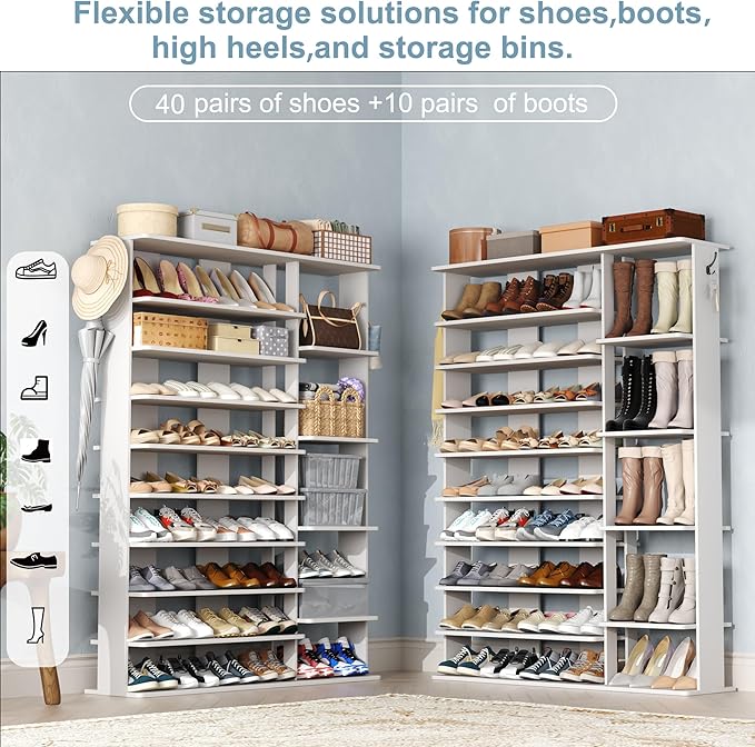 HOMEFORT 10 Tiers Shoe Rack, 50 Pairs Large Shoe Shelf, 61.8" Tall Shoe Tower, Freestanding Shoe Rack Organizer with Open Shelves, Wood Shoe Stand for Boot Storage, for Closet, Entryway, White-NeatNest