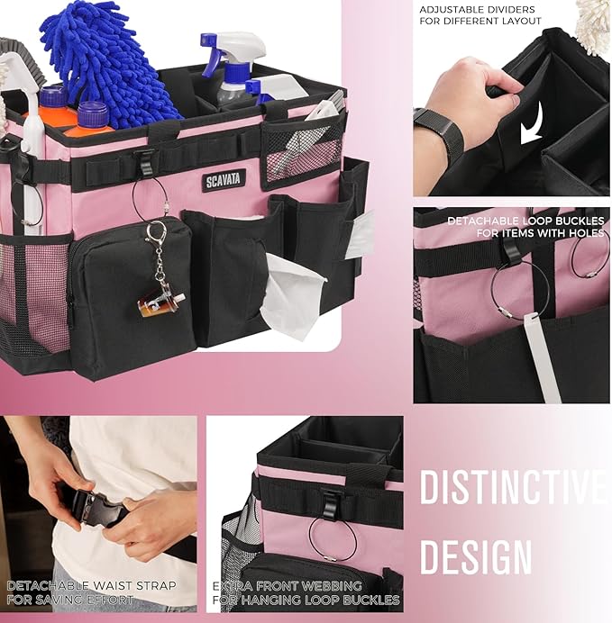Wearable Cleaning Caddy Bag, Cleaning Caddy Supplies Organizer with Handle & Shoulder Straps for Housekeepers, Under Sink & Car Cleaning Tool Organizers with 4 Foldable Divider (SweetPink)