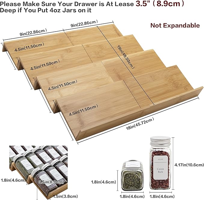 Bamboo Spice Rack Drawer Organizer - 8 Pieces Set- 9" Wide Per Piece - Combine Pieces Into 18" Wide Rack (9" or 18")-NeatNest