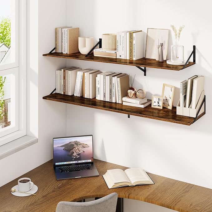 Fun Memories Floating Shelves for Wall, 12 Inch Deep Floating Shelves Set of 2, 55W x 12D Large Wall Shelf with Sturdy Metal Brackets for Living Room, Bathroom, Bedroom and Kitchen, Rustic Brown-NeatNest
