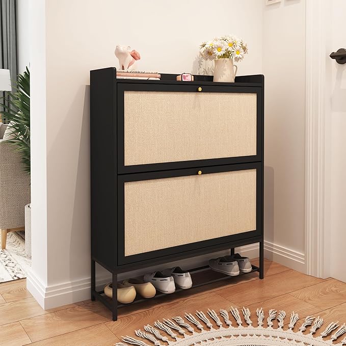 AVZEAR Narrow Shoe Storage Cabinet for Entryway with 2 Flip Drawers, Freestanding Shoe Cabinet with Natural Linen Panel, Slim Wood Shoe Organizer Closed Shoe Rack for Hallway, Foyer(Black)-NeatNest