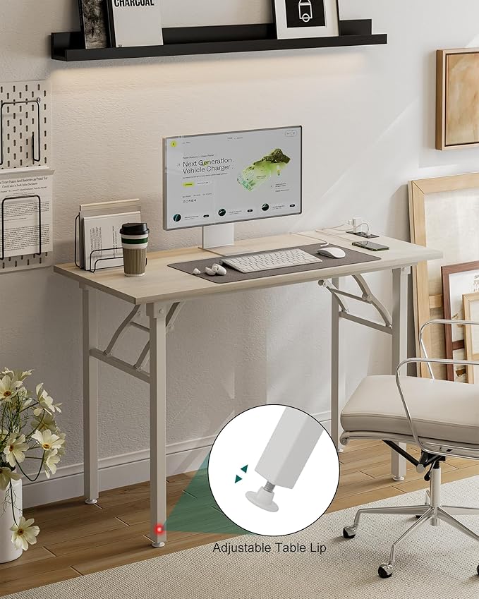 Frylr Small Folding Computer Desk – 43.3 Inch Portable Table for Craft and Study, Lightweight Desk for Small Spaces, Foldable Laptop Table Built-in AC/USB Outlets for Convenience, White Ash