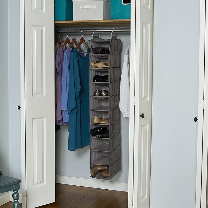 Household Essentials 10-Shelf Wide Hanging Shoe Organizer, Soft and Durable Polyester, Versatile, Breathable, Stylish, Compact, Sturdy Hooks for Rod or Wire Closets, Gray-NeatNest