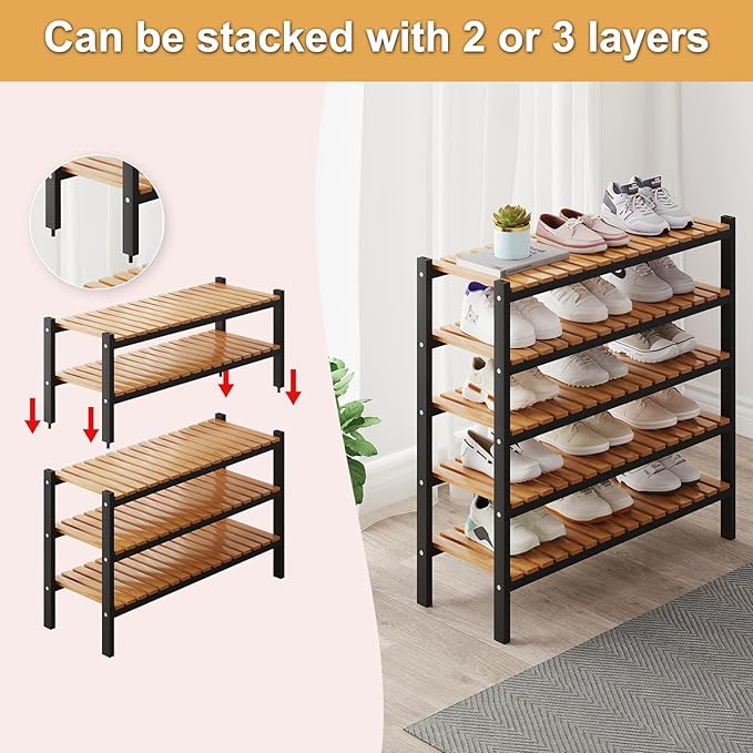 Bamboo Shoe Rack Organizer for Closet and Entryway - Space-Saving Narrow Shoe Stand - Versatile Shoe Holder for Door or Closet Shelf, Garage Bedroom can Freely Stack DIY Small Shoe Racks 3 Tier-NeatNest