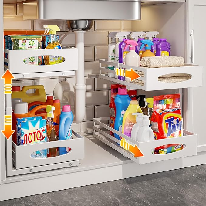 Under Sink Organizer, 2 Tier Under Sink Organizers and Storage, Adjustable Height, Slide out Metal Cabinet Organizers, Pull out Cabinet Storage Drawer Shelf for Kitchen Bathroom White, 2 Pack-NeatNest