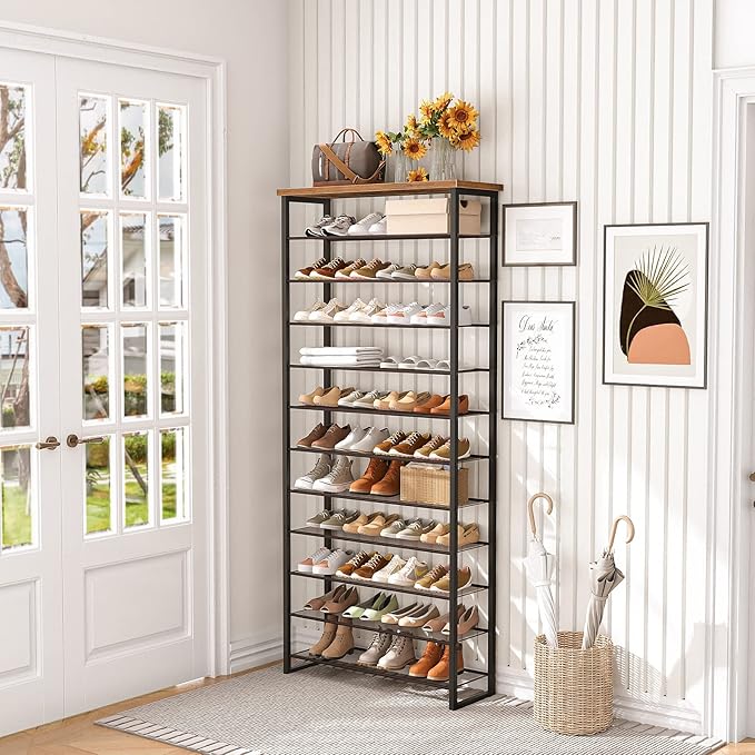 HOOBRO 12-Tier Shoe Rack, 29.5" L Shoe Storage Organizer, Large Capacity Shoe Shelf for Front Door Entrance, Entryway, Closet, Holds 36-48 Pairs of Shoes, Closet, Rustic Brown and Black BF127XJ01-NeatNest