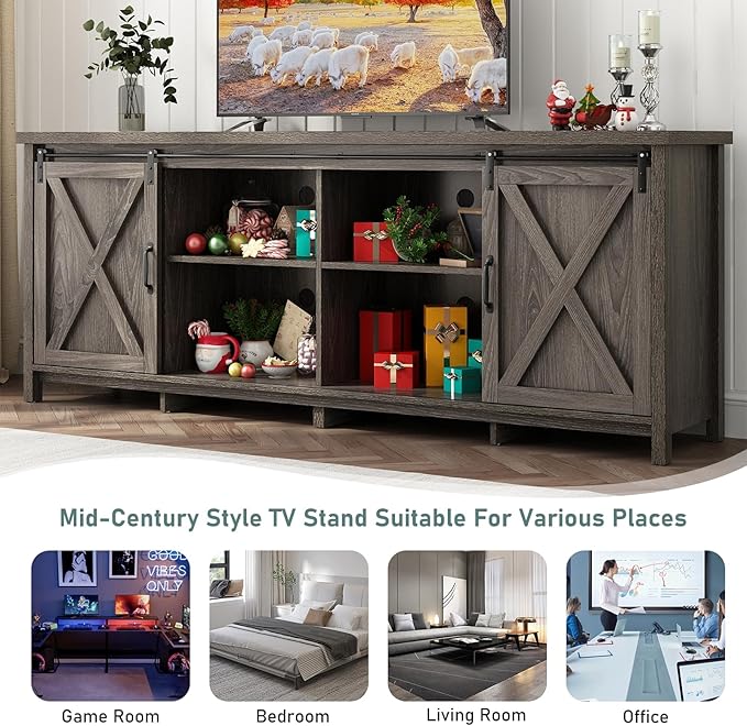 70In Farmhouse TV Stands for 70 75 80inch TV w/Adjustable Shelves,Sliding Barn Door.Rustic Wooden Entertainment Center,TV Console Grey Cabinet w/Storage for Bedroom Living Room(Dark Grey 70in)-NeatNest