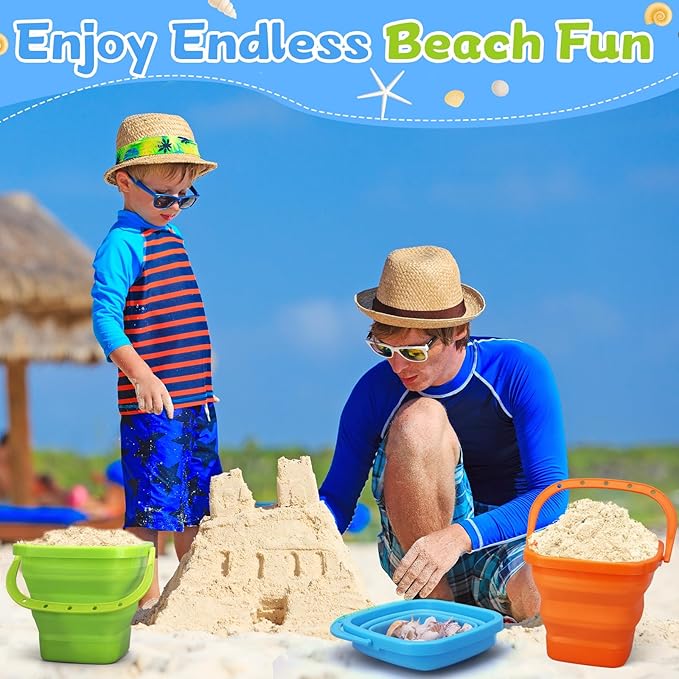 Jumbo Beach Sand Bucket Toy for Kids, 3L Collapsible Sandbox Pail, Easter Buckets, 3 Pack Multi Use Tool for Garden, Planting, Camping, Storage Fishing, Washing, Summer Holiday Travel Birthday Gifts-NeatNest