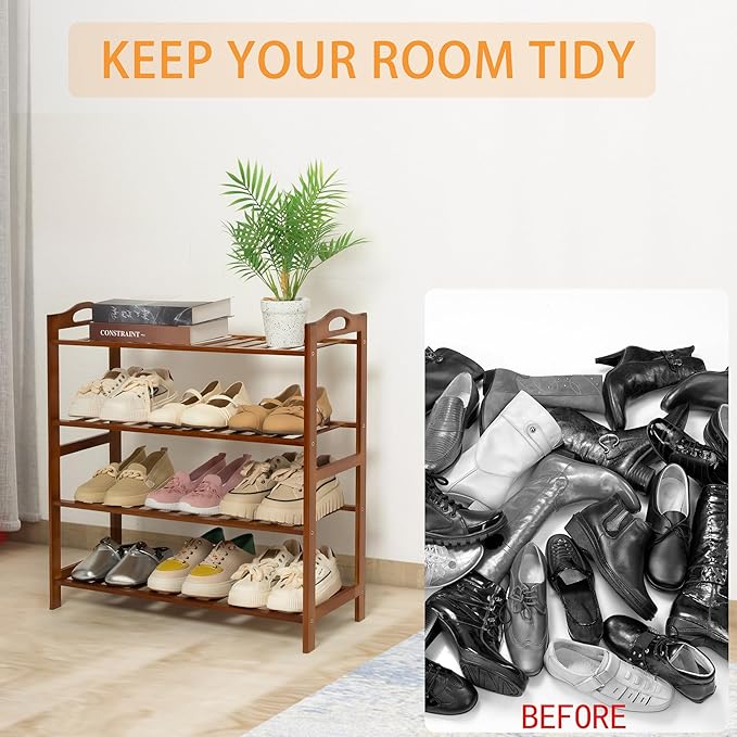4 Tier Bamboo Shoe Rack, Free Standing Shoes Rack Shoe Shelf Shoe Organizer for Closet, Entryway, Bedroom, Living Room, Front Door, Studio, Bathroom-NeatNest
