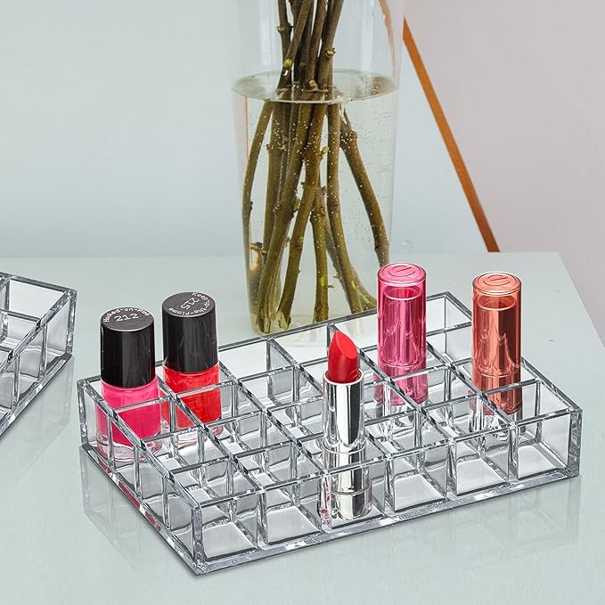 Amazing Abby - Allure - 2-Pack 24-Slot Acrylic Lipstick Organizer, Lipstick Holder, Lip Gloss Holder, Cosmetic Storage Display, Perfect Storage Solution for Drawer and Vanity (Slot Size: 1.0" x 1.0")-NeatNest