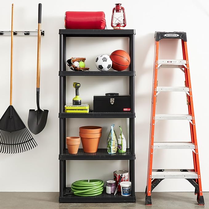 Gracious Living 5 Shelf Fixed Height Ventilated Medium Duty Storage Unit 14 x 32 x 72" Organizer System for Home, Garage, Basement, & Laundry, Black