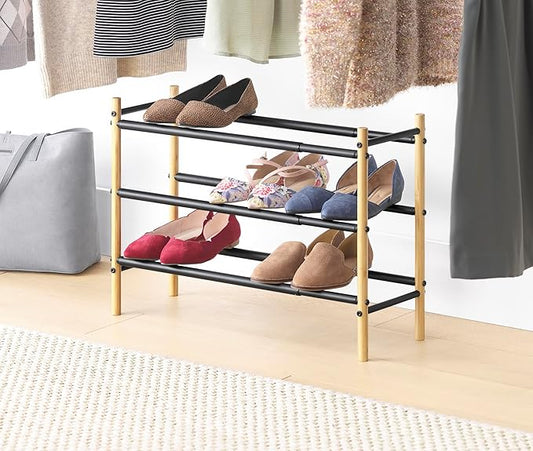Whitmor 3-Tier Expandable Shoe Rack - Store up to 12 pairs of shoes - Bamboo & Matte Black-NeatNest