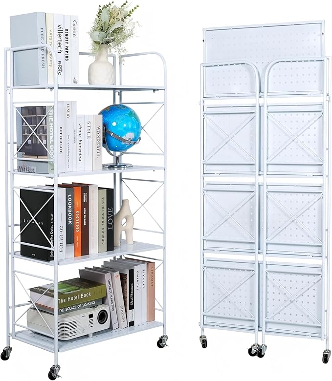 Foldable 4-Tier Metal Shelf with Wheels - Folding Bookshelf Unit for Living Room, Kitchen, Study 12.6" D x 23.6" W x 46.8" H, Glossy White