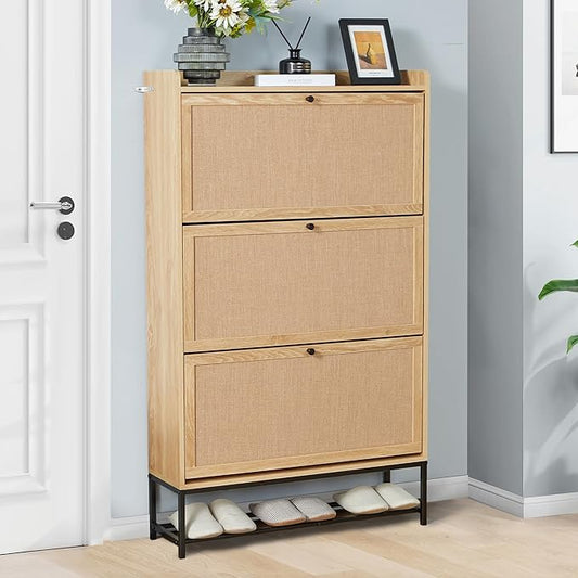 LEVNARY Shoe Storage Cabinet with 3 Flip Drawers, Freestanding Shoe Cabinet Storage Organizer for Entryway, Wooden Narrow Shoe Racks Cabinet with Metal Legs for Hallway (Natural Oak)-NeatNest