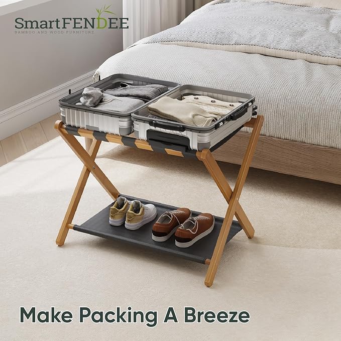 2 Pack Luggage Rack, Folding Luggage Rack for Guest Room, Walnut Bamboo Suitcase Stand Holds up to 131 lb, Luggage Stand with Storage Shelf for Hotel, Bedroom